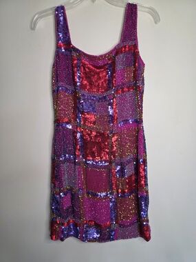Vintage Joan Leslie Sequin Checkerboard Mini Dress in Fuchsia & Purple